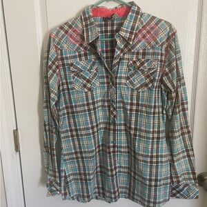 Cowgirl Up Plaid Western Button-Up Shirt with Embroidery Size Large